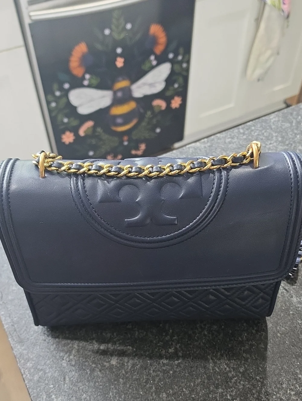Tory Burch Navy Leather Quilted Flap Shoulder Bag with Gold Chain